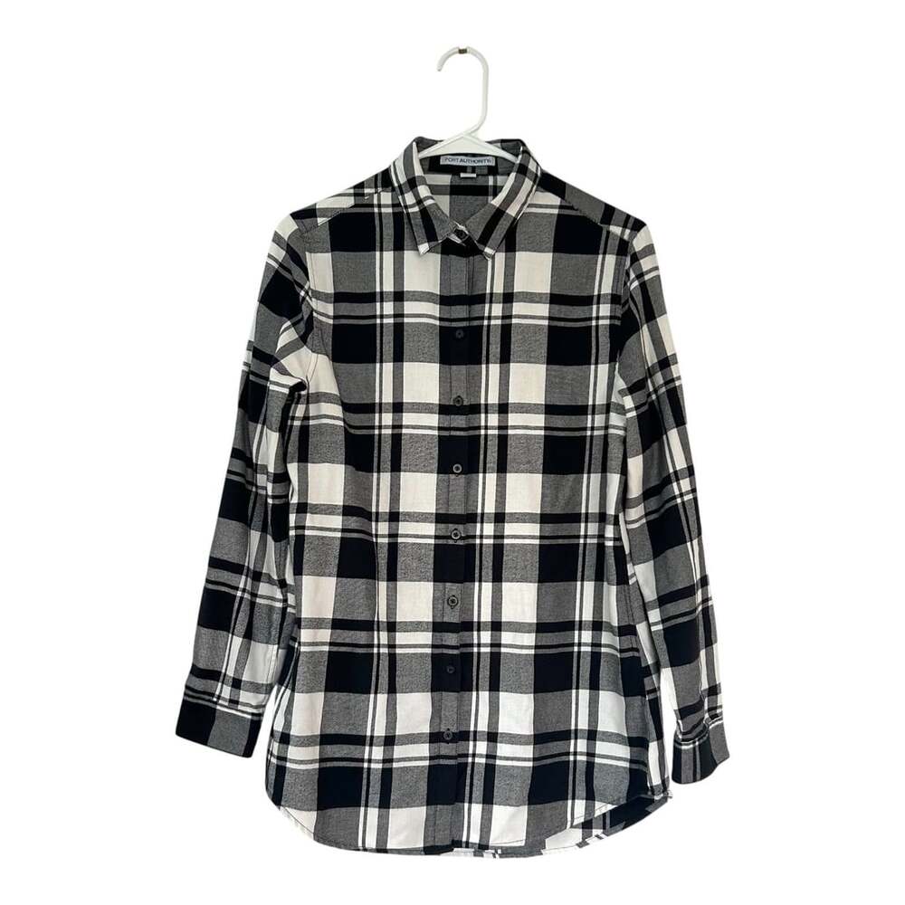 Port Authority Ladies Plaid Flannel Tunic Size S Black White Long Sleeve